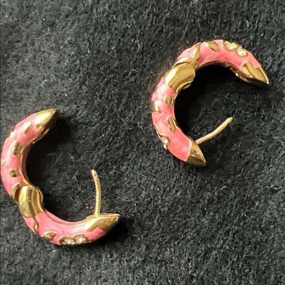 Gold and Pink Hoop Huggie Earrings - Picture 2 of 2